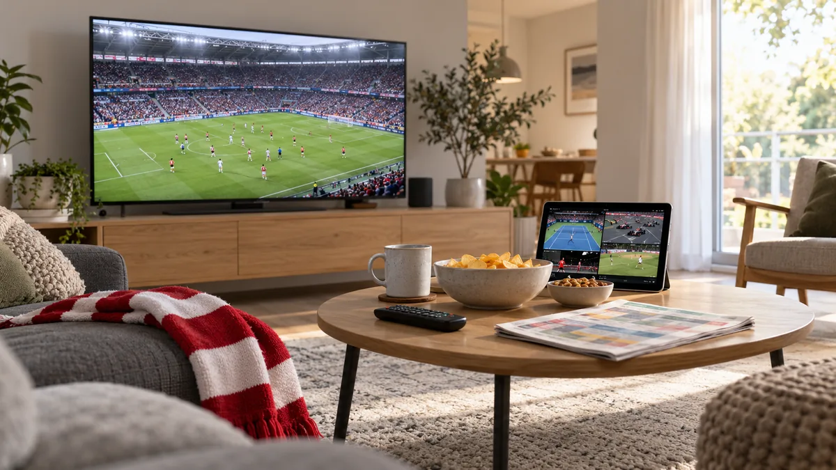 Ett ljust vardagsrum med en fotbollsmatch på tv:n, flera sportutsändningar på en surfplatta samt snacks, mugg, fjärrkontroll och en rödvit halsduk.